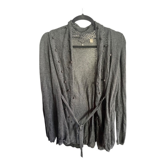 Anthropologie Knitted & Knotted Boho Gray Pom Cardigan Sweater M - Picture 2 of 8